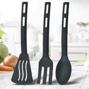 Resim 3 parça/set, üç parçalı naylon mutfak gereçleri seti, yapışmaz tencere, pişirme kaşığı, spatula ve çatal entegre naylon sofra takımı için mükemmel, seyahat ve kamp için taşınabilir sofra takımı 
