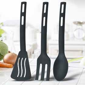 Resim 3 parça/set, üç parçalı naylon mutfak gereçleri seti, yapışmaz tencere, pişirme kaşığı, spatula ve çatal entegre naylon sofra takımı için mükemmel, seyahat ve kamp için taşınabilir sofra takımı 