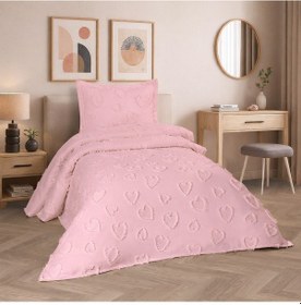 Resim Kalp 2 Parça Tek Kişilik Yatak Örtüsü Pembe 