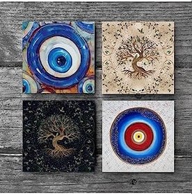 Resim Nazar, Hayat Ağacı Taş Bardak Altlığı Seti - 4 Parça - Dekoratif, Rustik Mutfak Aksesuarı, 10x10 cm, Kaydırmaz Tabanlı, Şık ve Dayanıklı SC377 