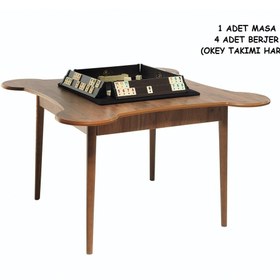 Resim VETROWOOD Okey Masası Takımı 4 Berjerli Okey Oyun Masası 110x110 cm - Ceviz Desenli 