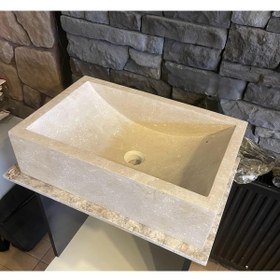 Resim Polen Stone Dikdörtgen El Yapımı Traverten Lavabo 55x36x15 