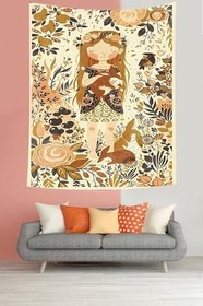 Resim Pelangi Çiçekli Kız Leke Tutmaz Kumaş Duvar Örtüsü Duvar Halısı Tapestry PNTR063, 70 x 70 