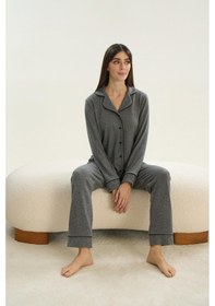 Resim Sevim Kadın Uzun Kol Triko Önden Düğmeli Gri Melanj Pijama Takım C1t8n9o51 001 
