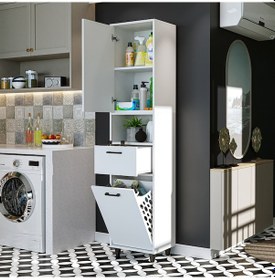Resim Çamaşır Sepetli Banyo Dolabı, Çok Amaçlı Çekmeceli Dolap 45 X 200 Mat Beyaz 