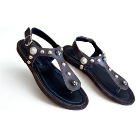 Resim Ne&ve Shoes Kahve Hakiki Deri Kadın Parmak Arası Taşlı Sandalet Kahverengi 