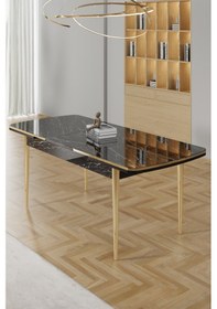 Resim Canisa Rada Serisi 80x132 Açılabilir Lak Panel Siyah Mermer Desen Masa 4 Siyah Sandalye Gold Detay Masa Siyah Mermer Desen Sandalye Siyah 