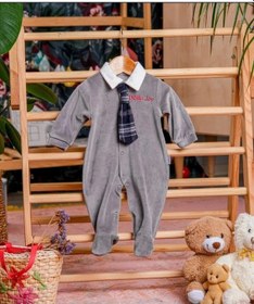 Resim Lamato Baby Ekose Kravatlı Kadife Bebe Erkek Tulum Gri 