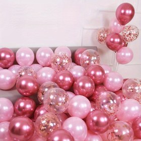 Resim 52 adet/takım İnci Pembesi Metalik Balon Seti Pembe Doğum Günü Partisi Süslemeleri Düğün Yıldönümü Gelini Anneler Günü Bekarlığa Veda Partisi Duş Süslemeleri için Payet Konfeti Lateks Balon, Yaz Parti Dekoru 
