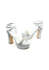Resim Feles 13 Cm Yüksek Platform Tek Bant Topuklu Taşlı Kadın Abiye Ayakkabı Gümüş 