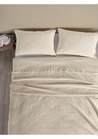 Resim Jakarlı Daire Yatak Örtüsü Seti Çift Kişilik Krem Kutulu Krem 