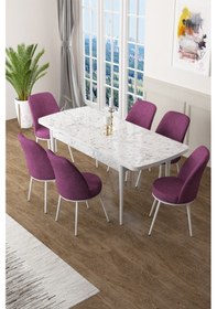 Resim Canisa Concept Zen Serisi 80x132 Mdf Açılabilir Beyaz Mermer Desen Masa Takımı Ve 6 Mor Sandalye Masa Beyaz/sandalyeler Mor 