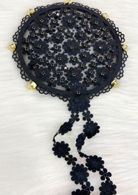 Resim ZEYMERADE Siyah Çiçekli Parlak Taşlı Gelin Tefi, Düğün Kına Söz Sünnet Bekarlığa Veda Bride Zilli 25cm, 1 Adet 