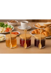 Resim 3 Lü Bambu Kasıklı Bambu Kapaklı Borosılıkat Cam Kahvaltılık 90 X 60 Seti Beyaz 