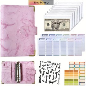 Resim Zımbalı Nakit Zarflar ve Harcama Bütçe Sayfaları ile Bolony Mermer Siyah Suni Deri A6 Bütçe Planlayıcı Cüzdan, Para Biriktirme Bütçe Tasarruf Kitabı, Bütçeleme için Nakit Doldurma Organizatörü 