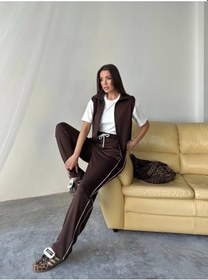 Resim Rawea T-shirtlü Yelekli Eşofman Takımı 3'lü - Boru Paça & Slim Fit Kahverengi 