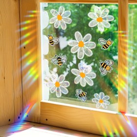 Resim Renkli arı ve beyaz çiçekler bahar pencere ev dekorasyonu cam çıkartmaları statik yapışkan çift taraflı görsel desen 