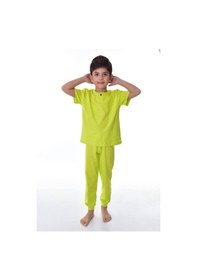 Resim Bunny Hopp %100 Pamuk Süprem Penye Kumaş Düğmeli Sade Düz Renk Terletmeyen Erkek Çocuk Pijama Takımı Fıstık Yeşili 