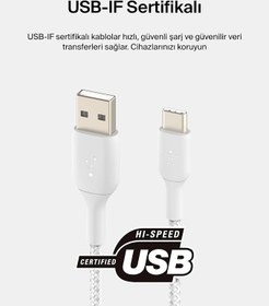 Resim Belkin BoostCharge Örgülü USB C şarj kablosu, USB-C - USB-A ara kablosu, iPhone 16, 15, Samsung Galaxy S24, S23, Pixel, iPad, MacBook, Nintendo Switch vb. için USB Type-C şarj kablosu - 3 m, Beyaz 