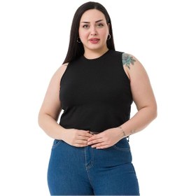 Resim Büyük Beden Bisiklet Yaka Kolsuz Crop Viskon Siyah Body-siyah Siyah 