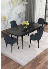 Resim Mona Siyah Mermer 80x132 Açılabilir Mdf Masa Yemek Odası Takımı, Mutfak Takımı 4 Adet Sandalye Siyah Mermer - 4 Antrasit - Siyah Ayak 