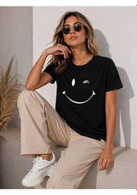 Resim Smile Kadın Minimal Gülümseyen Yüz Baskılı Tişört Kısa Kol Yazlık T-shirt - Siyah 