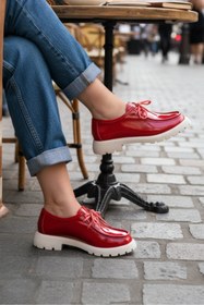 Resim TUNAELLİ KADIN KIRMIZI RUGAN HAKİKİ DOĞAL DERİ 36-41 NUMARA BAĞCIKLI OXFORD AYAKKABI 