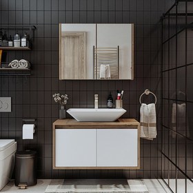 Resim Banos Banyo Roomart Tm7.2 Ayaksız 2 Kapaklı Lavabolu Ahşap-Mat Beyaz Mdf 85 cm Banyo Dolabı + Aynalı Banyo Üst Dolabı 