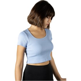 Resim Veaven Mavi Havuz Yaka Fitted/vücuda Oturan Kısa Kol Crop Tişört Mavi 