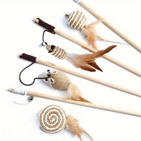 Resim 1/4 Kedi Komik Oyuncakları Seti, Yapay Tüyler, Yün Çubuklar, Çanlarla Interaktif Ahşap Fare Oyuncakları, Pil Olmadan 