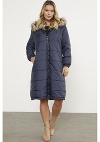 Resim Sementa Suni Kürk Kapüşonlu Uzun Kaban - Lacivert 001 
