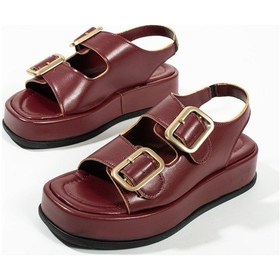 Resim Dolgu Topuklu Çift Bantlı Tokalı Kadın Sandalet Bordo 