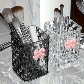 Resim Şeffaf Makyaj Fırçası Organizatörü - Kurdele Süslemeli, Boncuklu Plastik Saklama Kutusu | Kabartmalı Yüzeyli, Ruj ve Kalemler İçin | Ev veya Masaüstü Dekoru için İdeal | Tüm Mevsimlere Uygun 