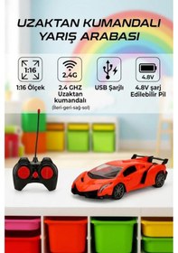 Resim Uzaktan Kumandalı 4 Fonksiyonlu Işıklı 1:16 Ölçekli Usb Şarjlı 2.4ghz 10-15km/h Oyuncak Spor Araba Turuncu 