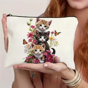 Resim Sevimli Kedi Makyaj Çantası Canlı Çiçek Desenli - Mavi Gözlü Yavru Kediler, Kelebekler ve Renkli Çiçekler ile - Kolay Fermuarlı Taşınabilir Polyester Tuvalet Çantası Kozmetik, Telefon ve Temel Eşyalar için - Kedi Severler İçin Hediye, Tatil İçin Harika, Oyuncu Tasarım, Büyüleyici İşçilik, Noel İçin En İyi, Şükran Günü İçin Mükemmel 