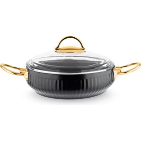 Resim Lines 7 Parça Altın Metal Kulplu Tam Siyah Granit Güveç Tencere Seti 