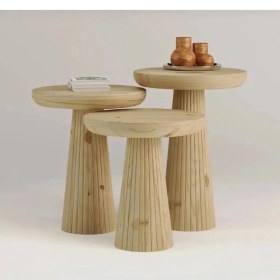 Resim Wood Wooden 3lü Set Fitilli Mantar Yan Sehpa Modern Ahşap Renk Vernikli Fiskos 
