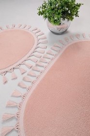 Resim My Evilla Modern Simirna Dekoratif Peluş Oval Ponpon Saçaklı Klozet Takımı Pembe 