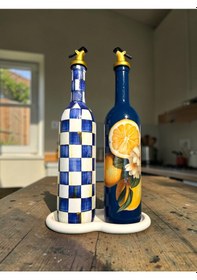 Resim 750 Ml Yeni Mavi Limon Ve Dama Desenli 2 Li Cam Yağdanlık Seti Gold Başlıklı Taş Sunum Standlı Dekoratif Tarz Lacivert 