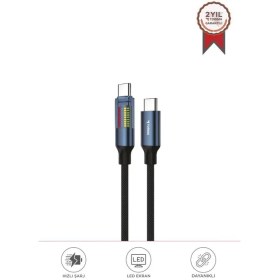 Resim Torima Şarj Kablosu Type-C to Type-C Led Ekranlı Hızlı 60W Data Kablo U21 Siyah 