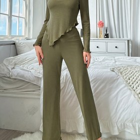 Resim Kadınlar için Rahat İki Parçalı Takım: Asimetrik Çapraz Askılı Üst + Uzun Pantolon, Düz Renk, Uzun Kollu, Yuvarlak Yaka, Kemer Olmadan, Yaz İç Giyim, Uyku Giyim, Günlük Kıyafet|Asimetrik Üst|Poliester Kumaş 