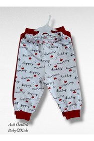 Resim Misket Bebek Unisex Mummy Daddy Baskılı 2'li Tek Alt Kırmızı Beyaz Renk Pijama 