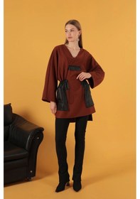 Resim Petek Kumaş Garnili Oversize Kadın Sweat-kahve Çok Renkli 