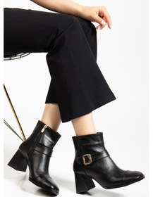 Resim Tpu Taban Kemer Toka Detaylı Fermuarlı Kadın Siyah Cilt Topuklu Bot Tbmr0162 Sıyah Cılt 