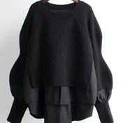 Resim Kadın Zarif İki Tonlu Kazak - Katmanlı Görünüm, Yuvarlak Yaka Uzun Kollu Bluz, İlkbahar/Sonbahar, Ofis, Parti için 