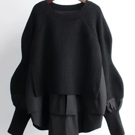 Resim Kadın Zarif İki Tonlu Kazak - Katmanlı Görünüm, Yuvarlak Yaka Uzun Kollu Bluz, İlkbahar/Sonbahar, Ofis, Parti için 