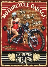 Resim Motorcycle Garage Vintage Chopper Temalı Ahşap Retro Garaj Poster Tablo 