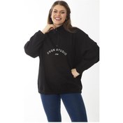 Resim Kadın Büyük Beden Siyah İçi Şardonlu Ön Patı Fermuar ve Nakış Detaylı Sweatshirt 65n37017-siyah Siyah 