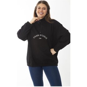 Resim Kadın Büyük Beden Siyah İçi Şardonlu Ön Patı Fermuar ve Nakış Detaylı Sweatshirt 65n37017-siyah Siyah 