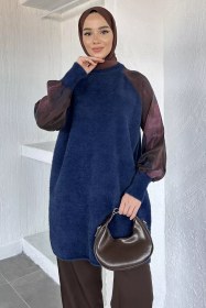 Resim Gülseli Kol Desenli İpek Kübra Kumaş Tesettür Triko Tunik Lacivert TZL-P-00020418 